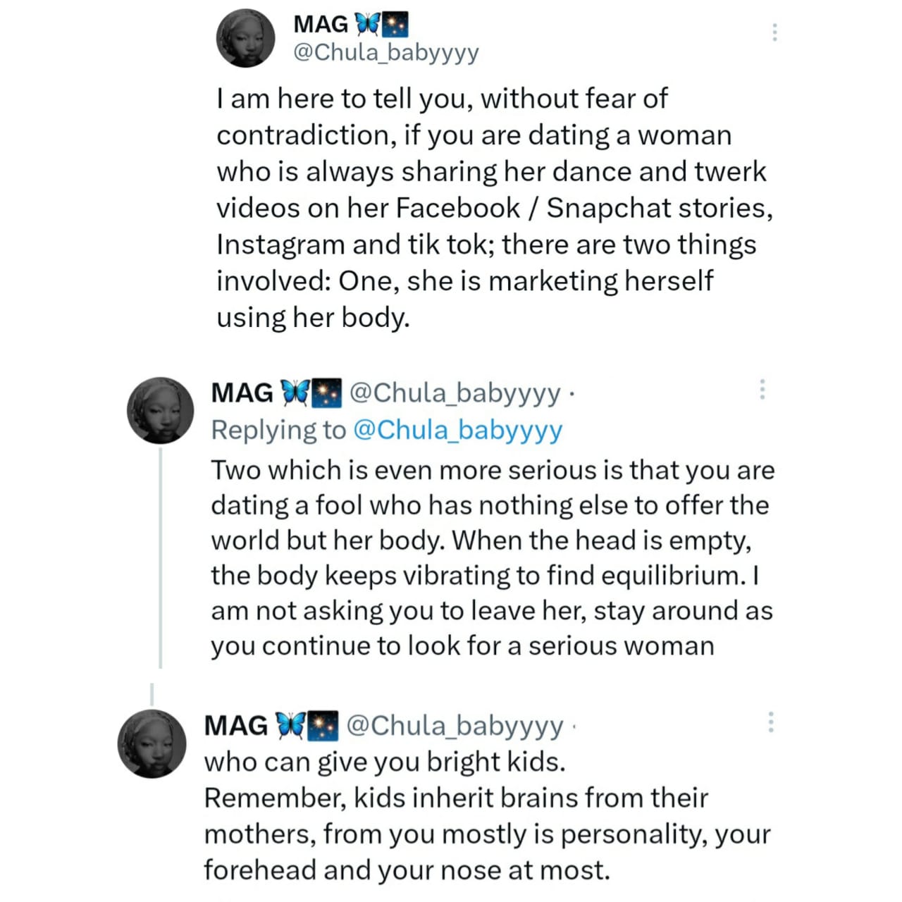 If you?re dating a woman who twerks on social media, you?re dating a f@ol and someone who is marketing her body - Twitter user claims